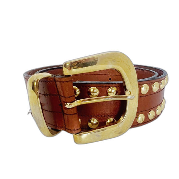 Avignon Vintage Cognac Brown Leather Gold Studded Belt Size M Western Boho - Picture 2 of 7